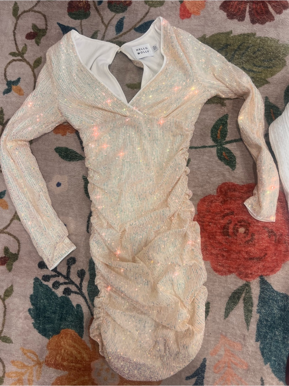 Hello Molly Ivory Shimmer Ruched Long Sleeve Mini Dress